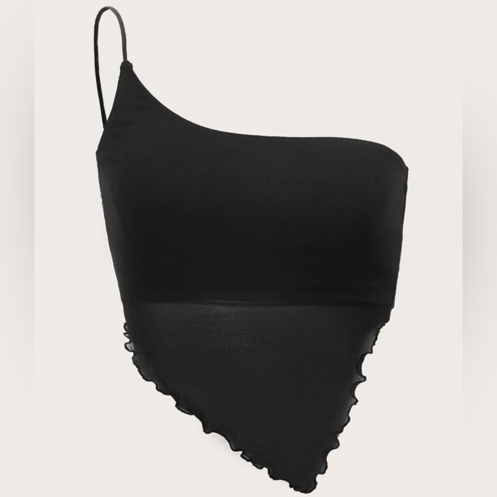 One Shoulder Lettuce Trim Mesh Top
